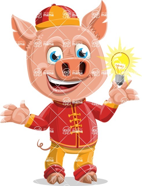 Year of the Pig Character - Vector Pig Cartoon - Year of the Pig Vector Character with a Light Bulb